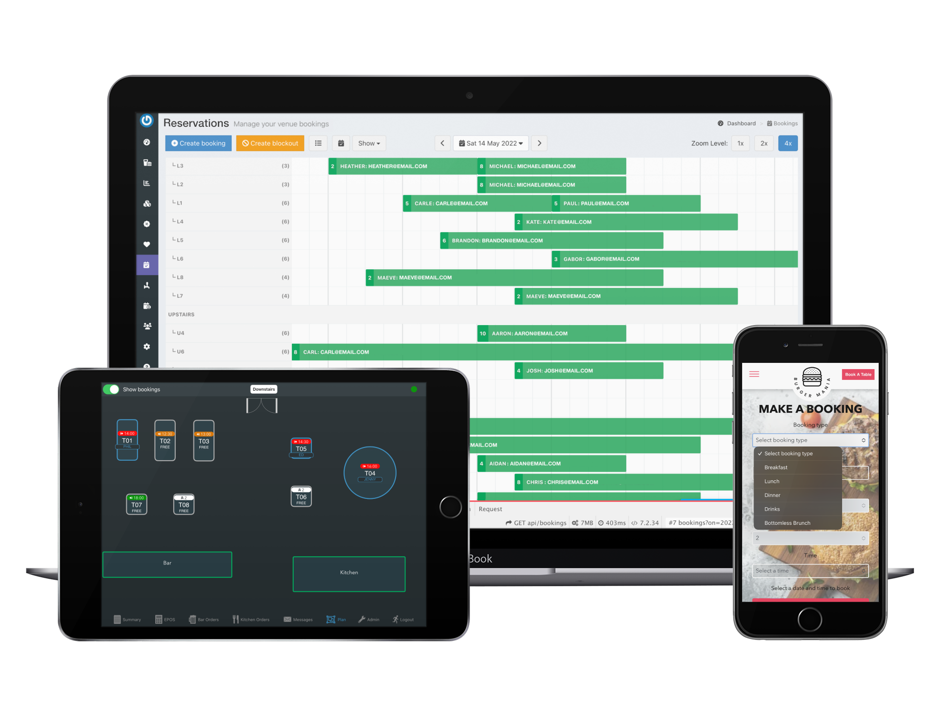 POS built-in reservations system, grid view and customer reservation form
