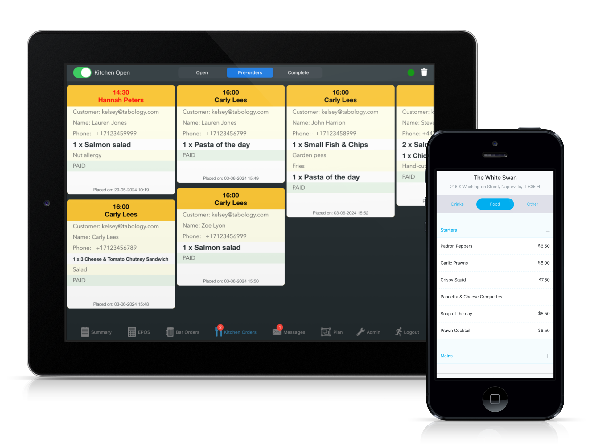 Restaurant reservation pre-orders, on mobile and kitchen screen