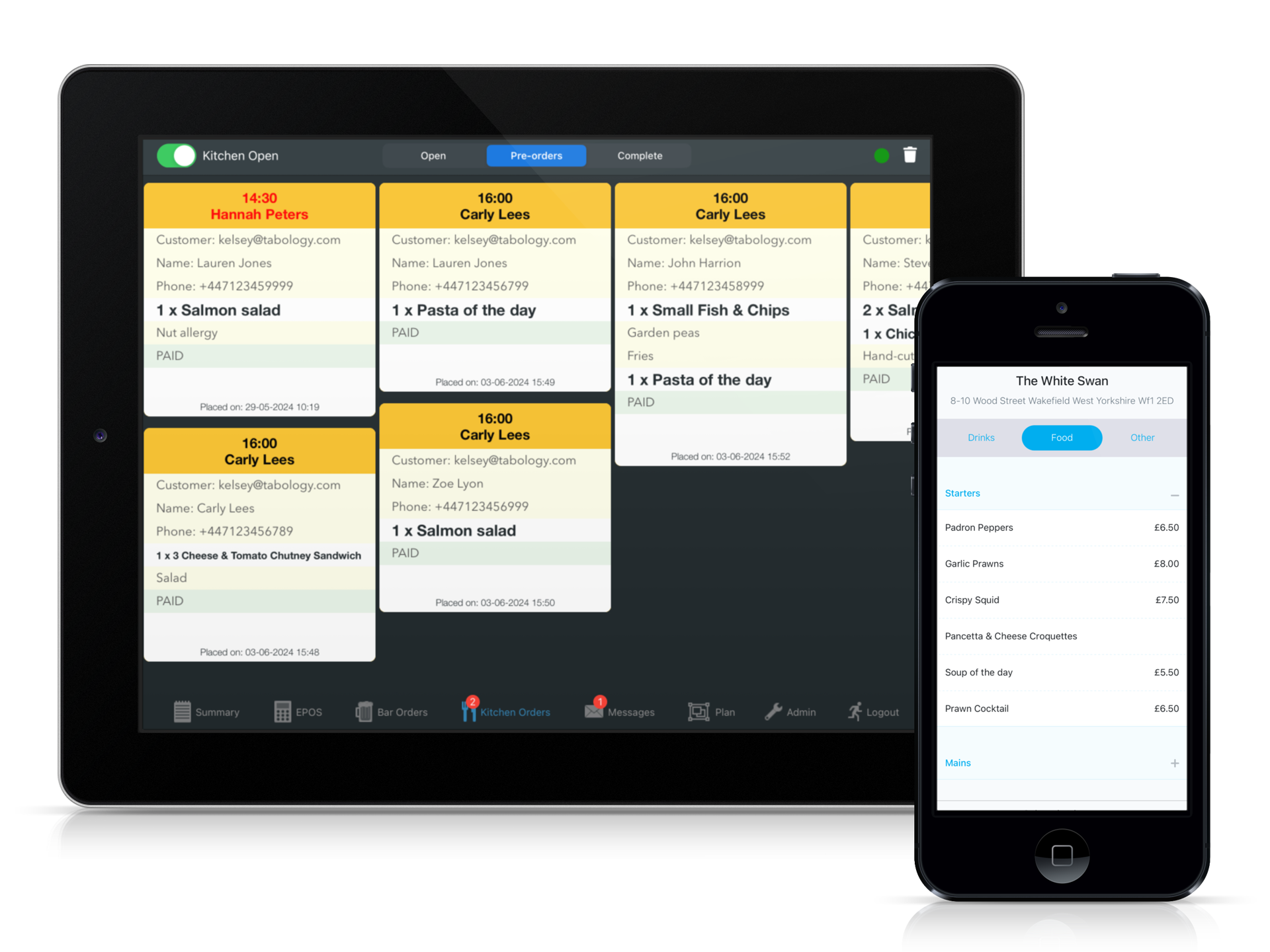 Restaurant booking pre-orders, on mobile and kitchen screen