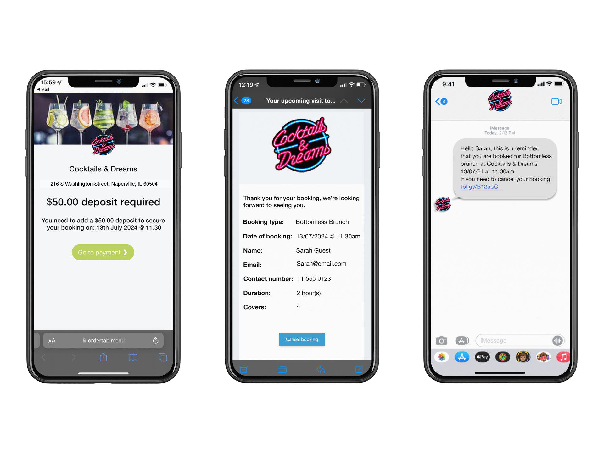Restaurant reservation deposit link, reminder email & SMS