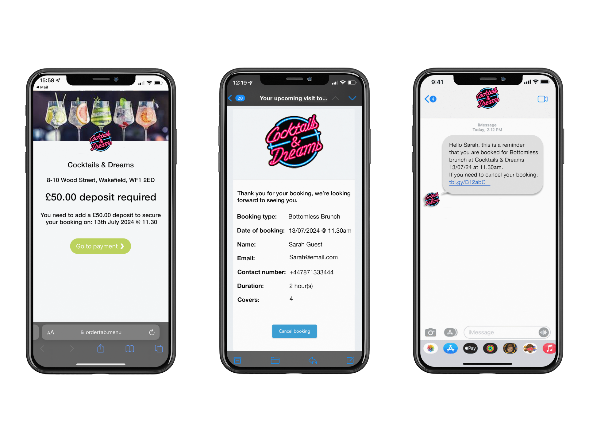 Booking deposit, reminder email & SMS