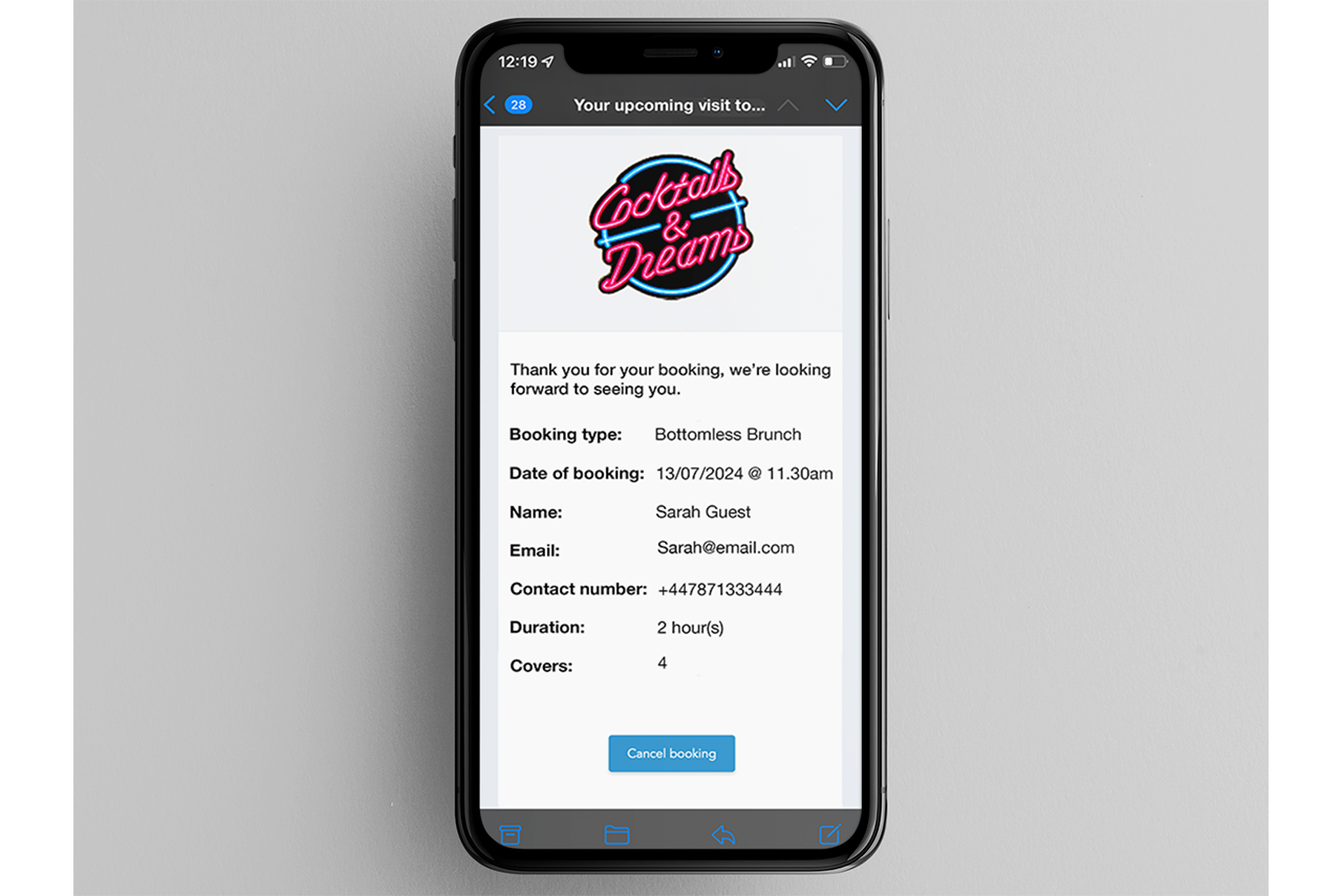 a mobile phone shows a booking confirmation message for Cocktails and Dreams, with a blue 'Cancel Booking' link at the bottom.