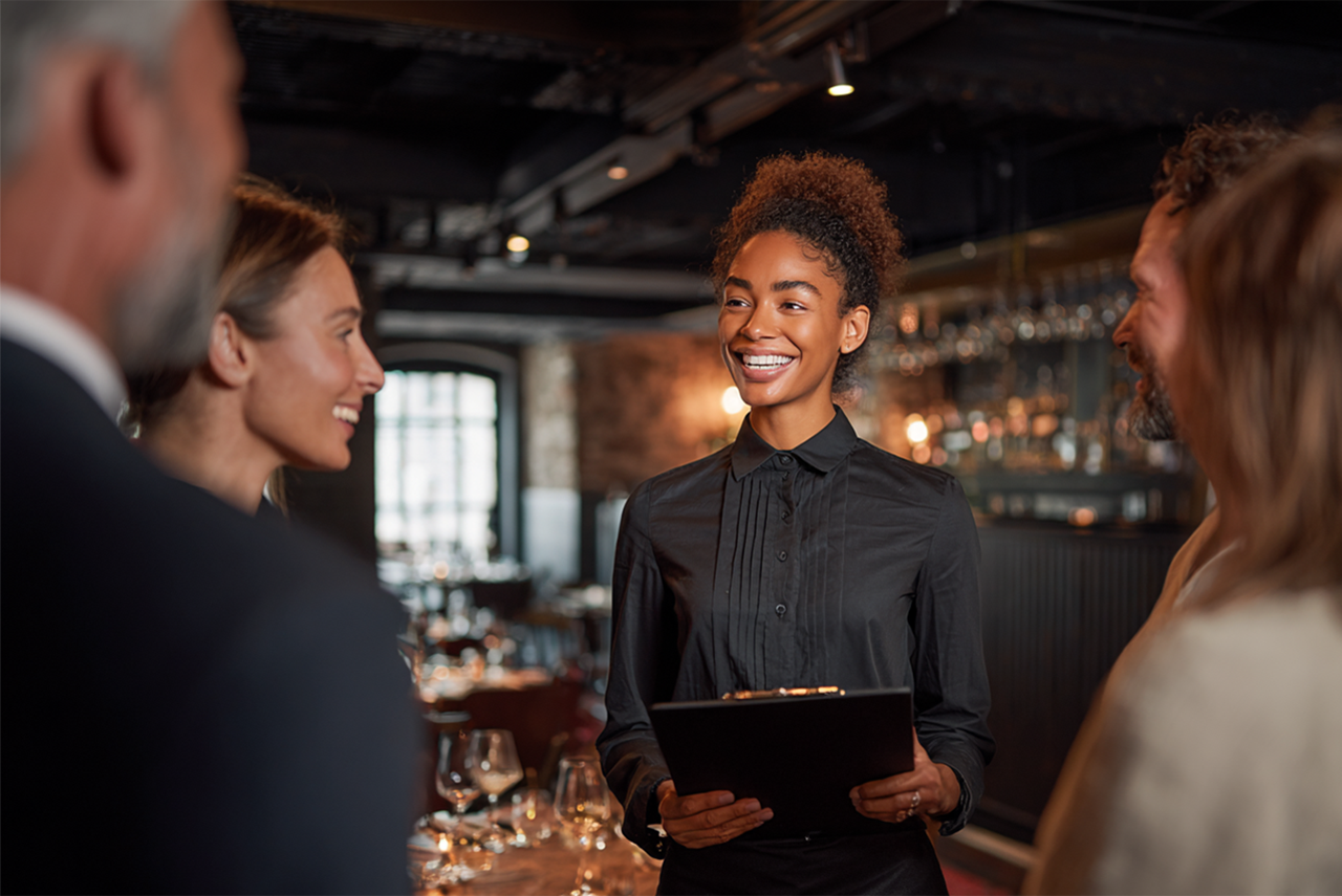 A waitress holding a clipboard greets a group of diners to a restaurant with dark and elegant decor