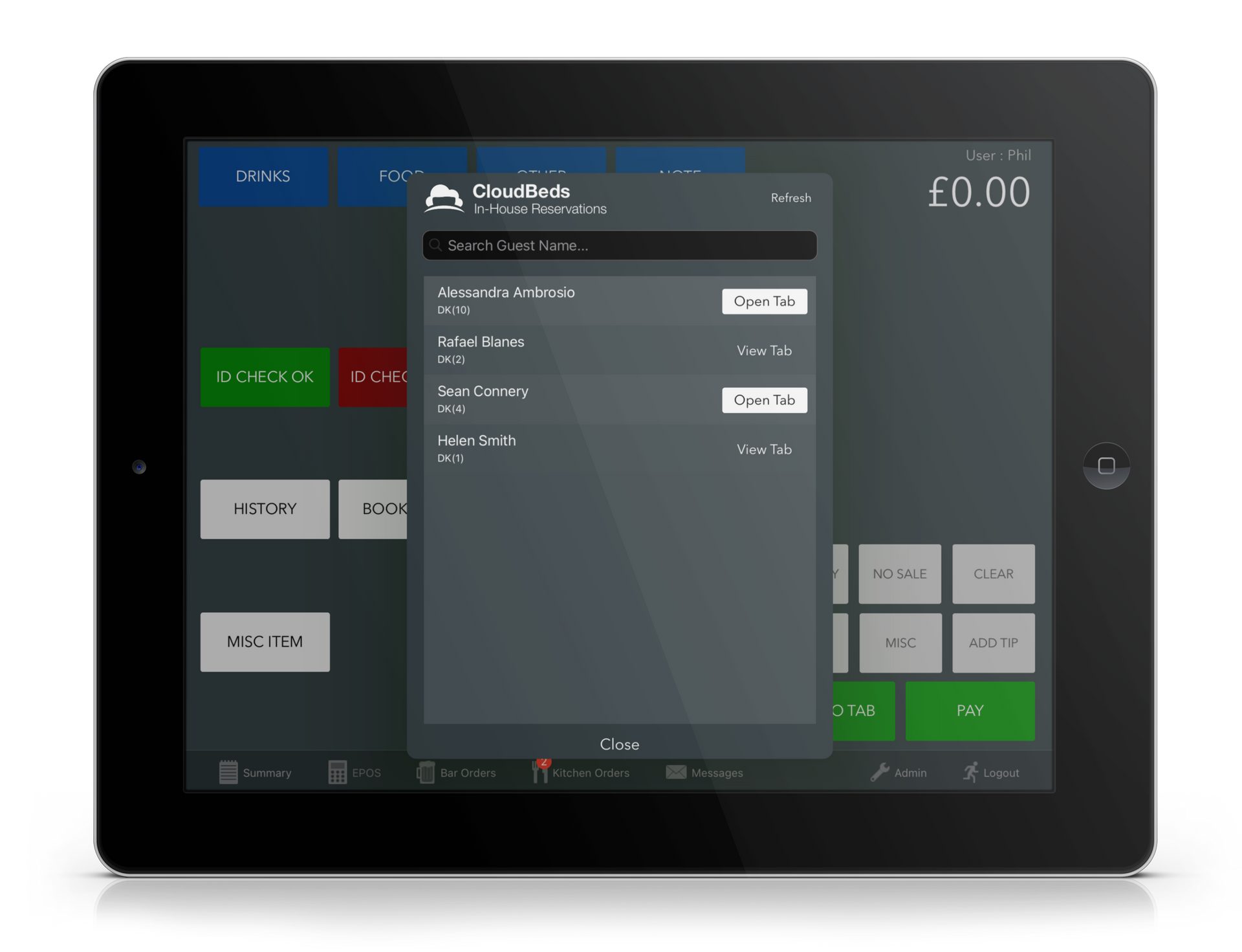 Assign a tab to a hotel guest screen on EPOS