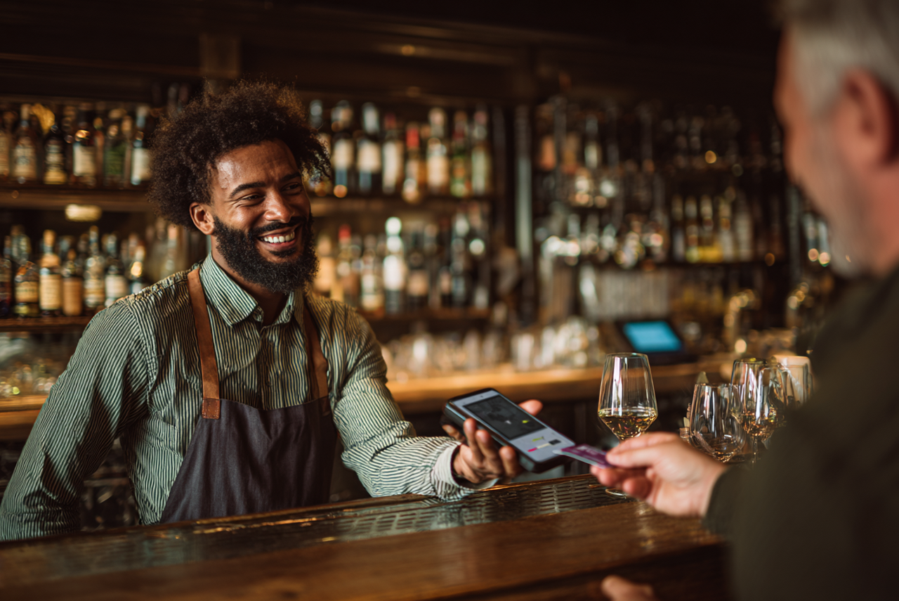 a bartender holds out an iPhone-based payment device, and a customer taps their credit card on it