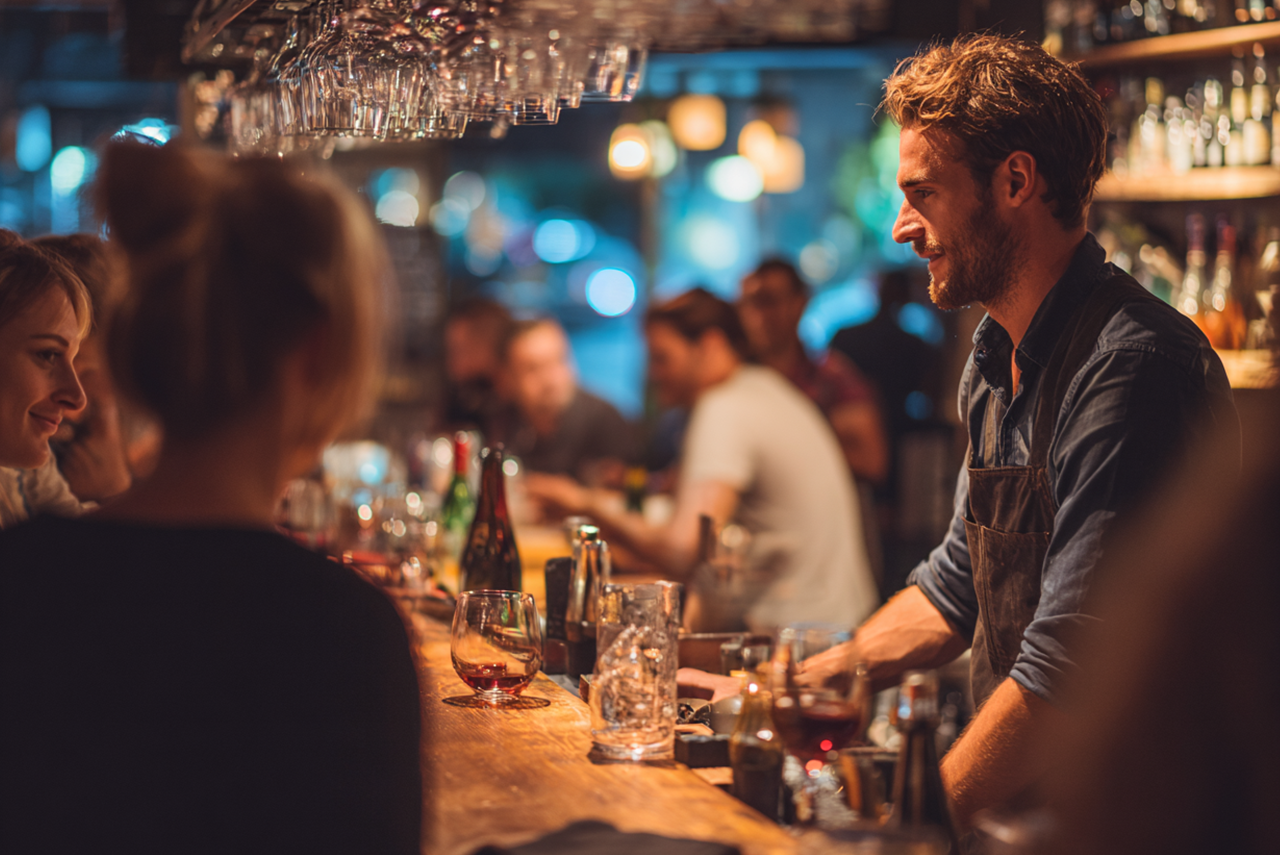 in a busy bar, a male bartender smiles at a group of customers