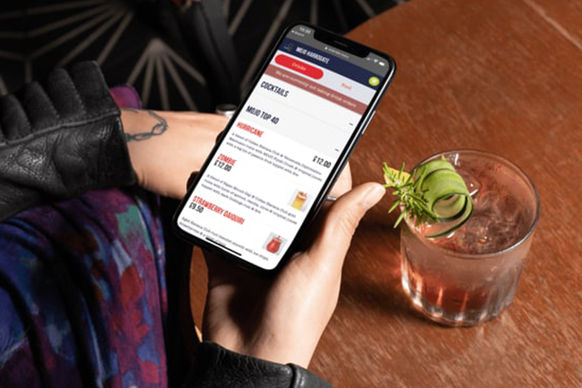 Cocktail menu on mobile ordering app
