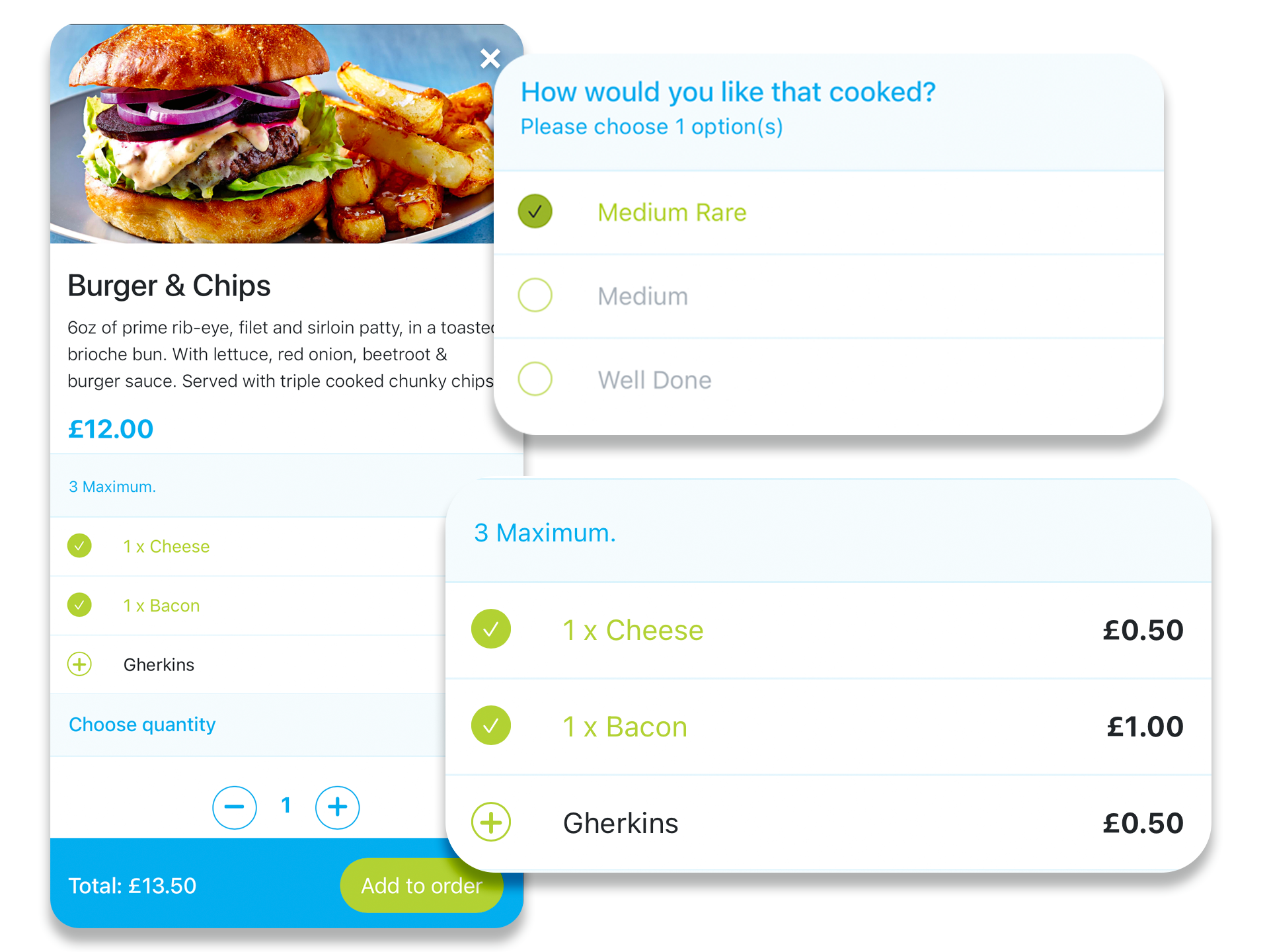 Mobile ordering app, burger & chips product & upsell options