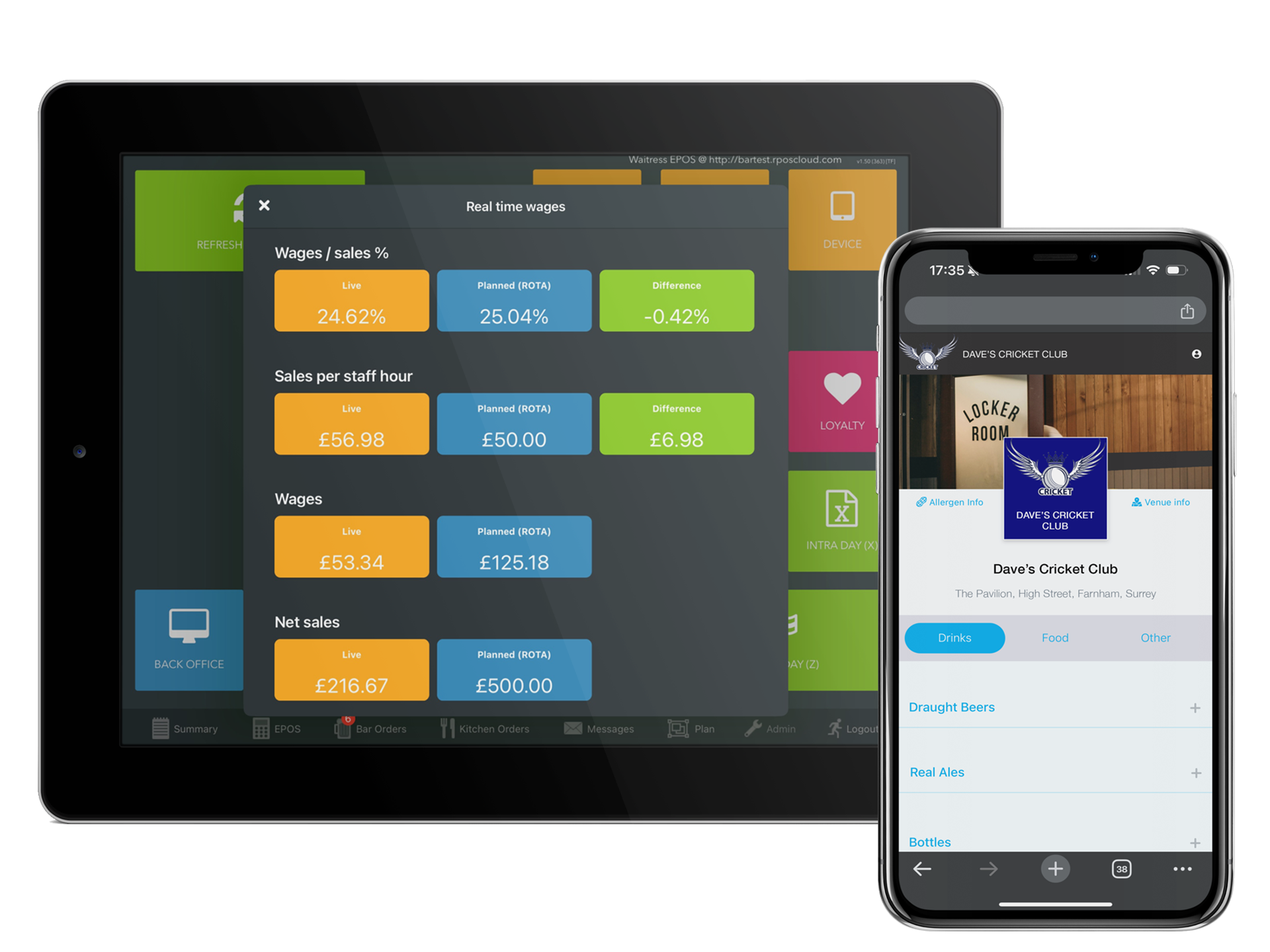 Real-time staff wage % shown on EPOS, and mobile ordering screen on iphone