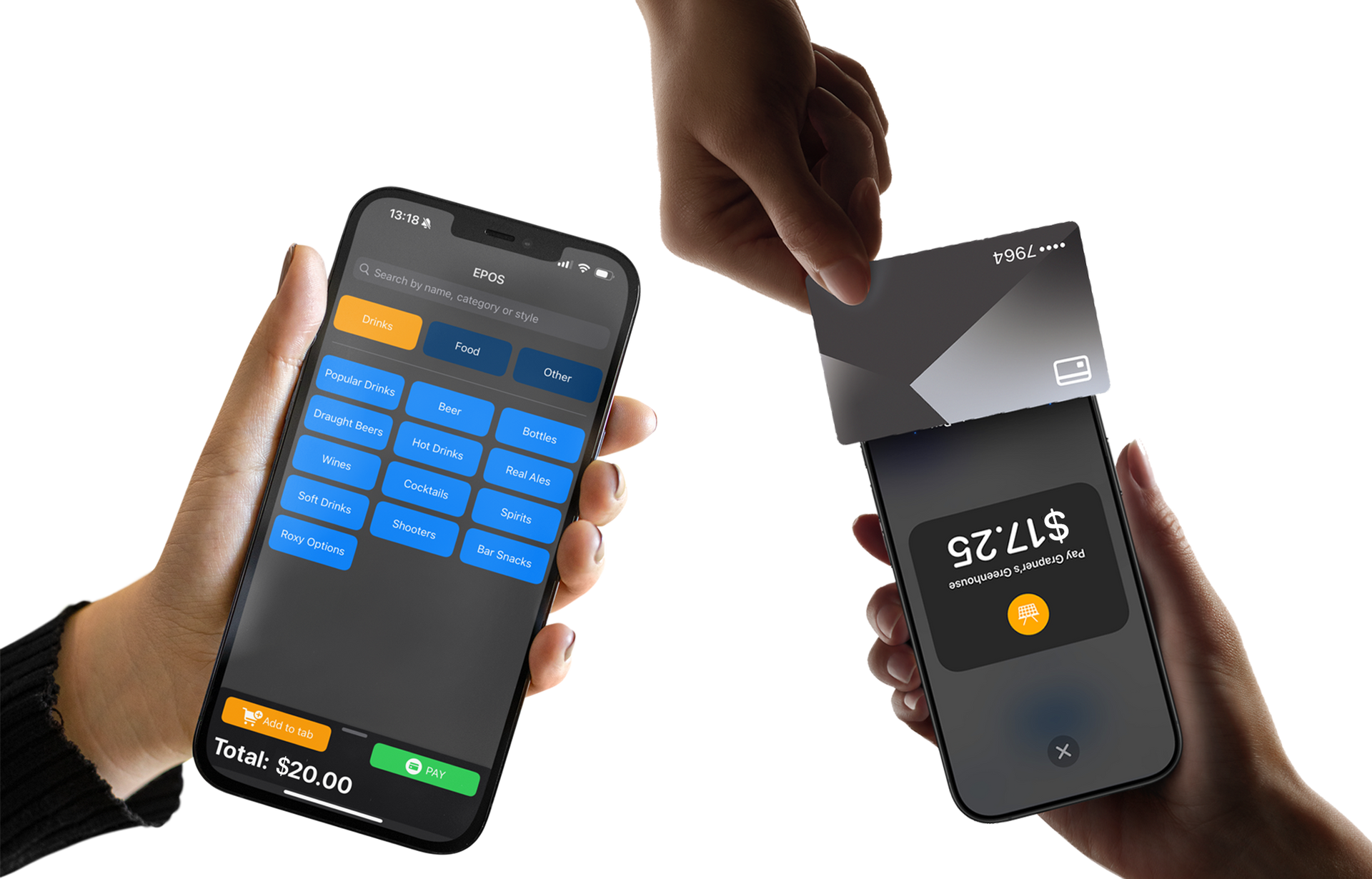 Two phones: one displays a POS app, the other accepts a card payment. A hand holds the card above the payment phone.