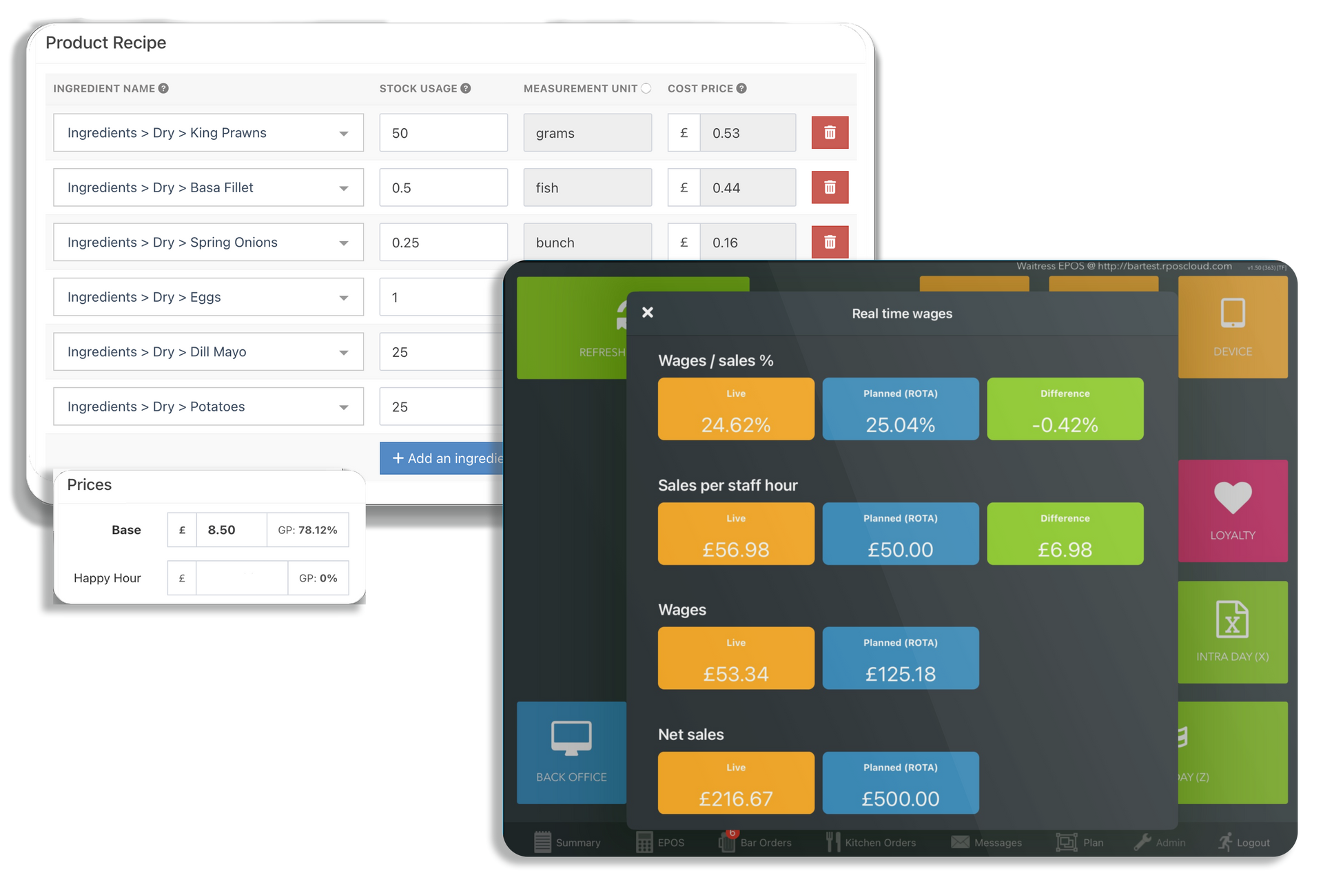 EPOS product recipe with GP, real-time staff wages percentages