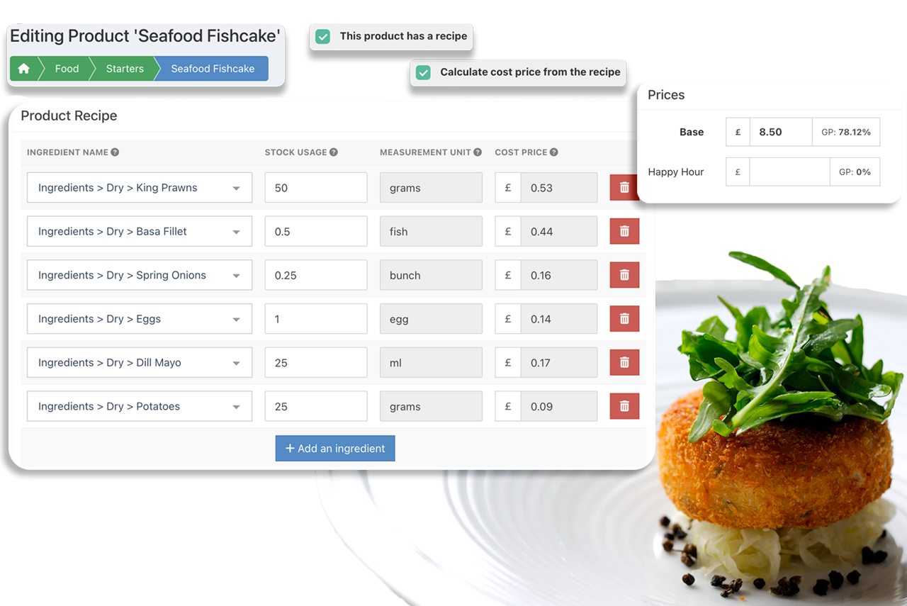 Recipe and GP calculation on EPOS back office