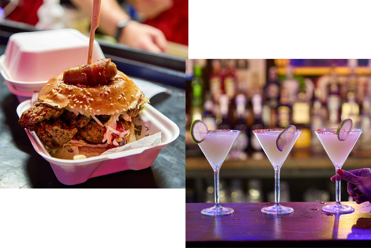 a split image: on the left there is a burger in a cardboard tray, and on the right there are three cocktails in stem glasses