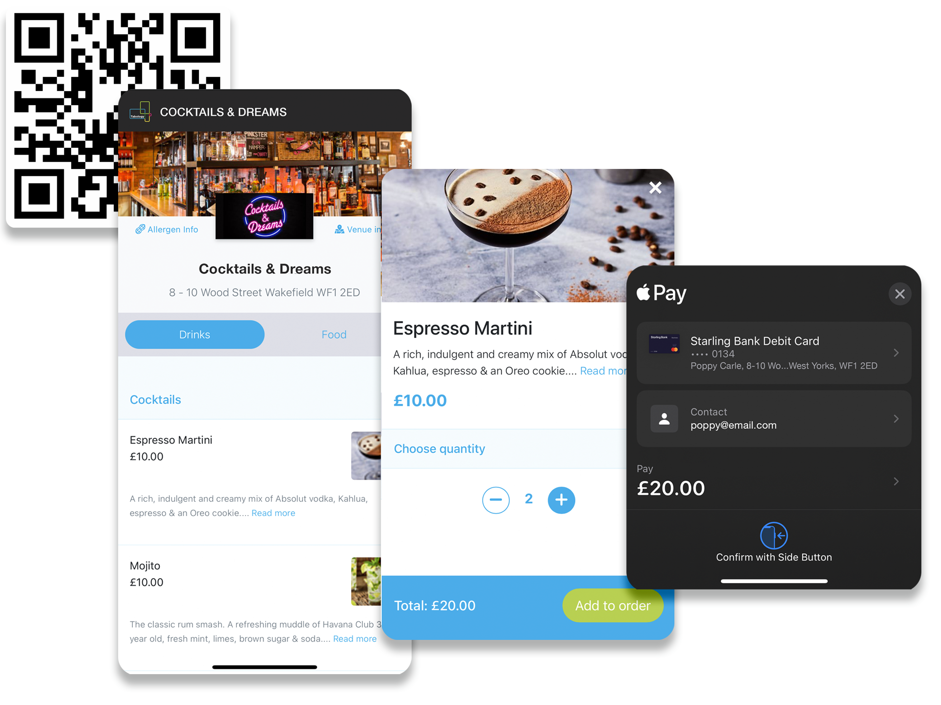 Instant mobile ordering, scan QR code, view menu, order & pay with Apple Pay