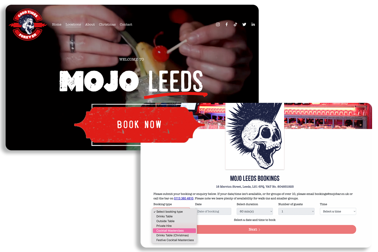 Mojo Bar Leeds, website booking form