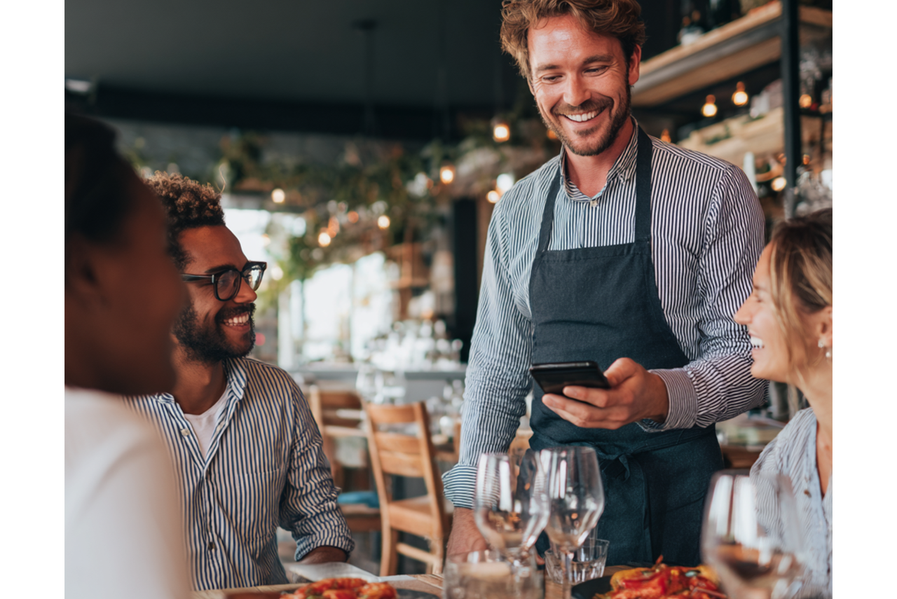 Waiter smiling, taking order from customers at a restaurant