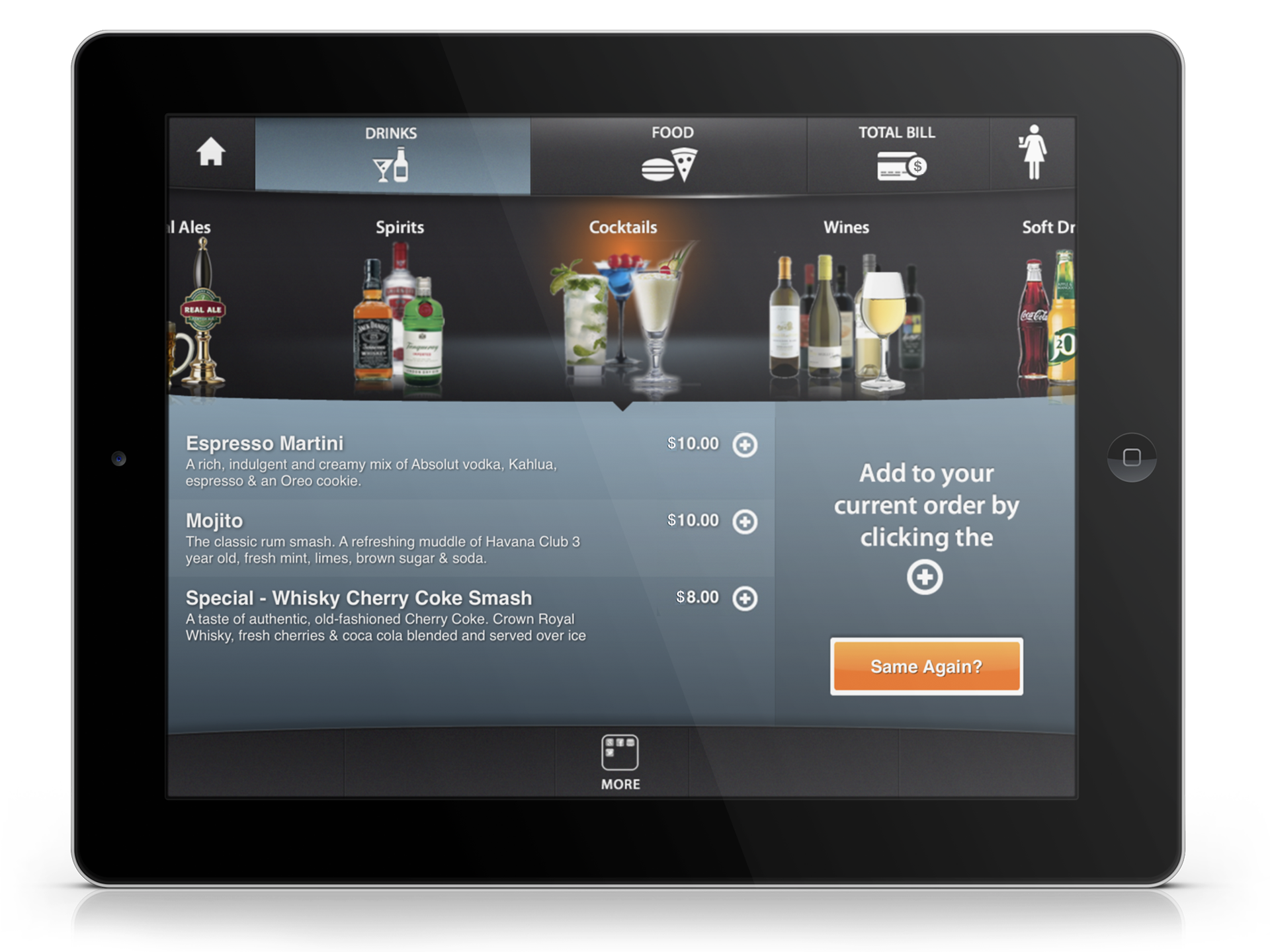 Cocktails display on self-ordering tablet