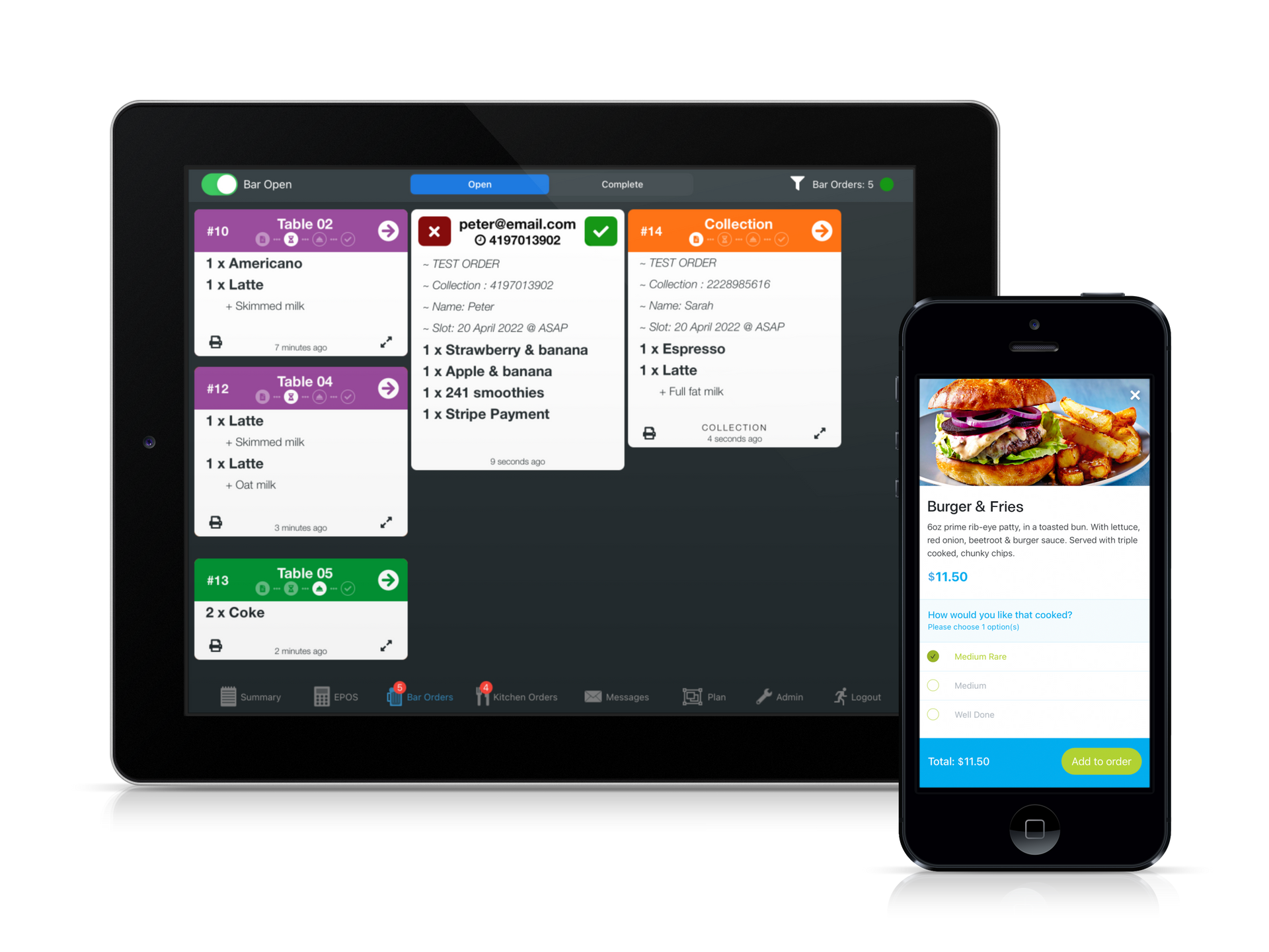 Kitchen display screen and mobile ordering app