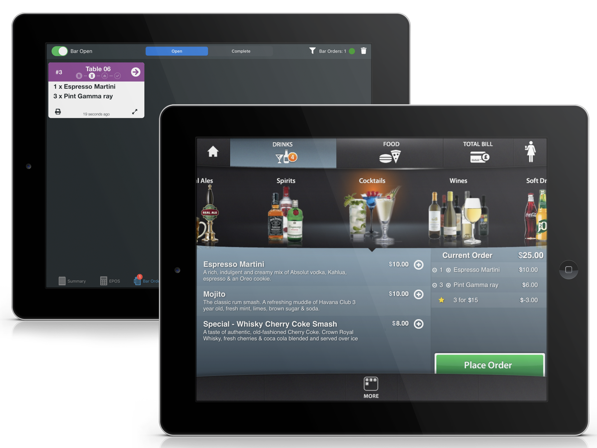Self-ordering tablet order, showing on bar screen