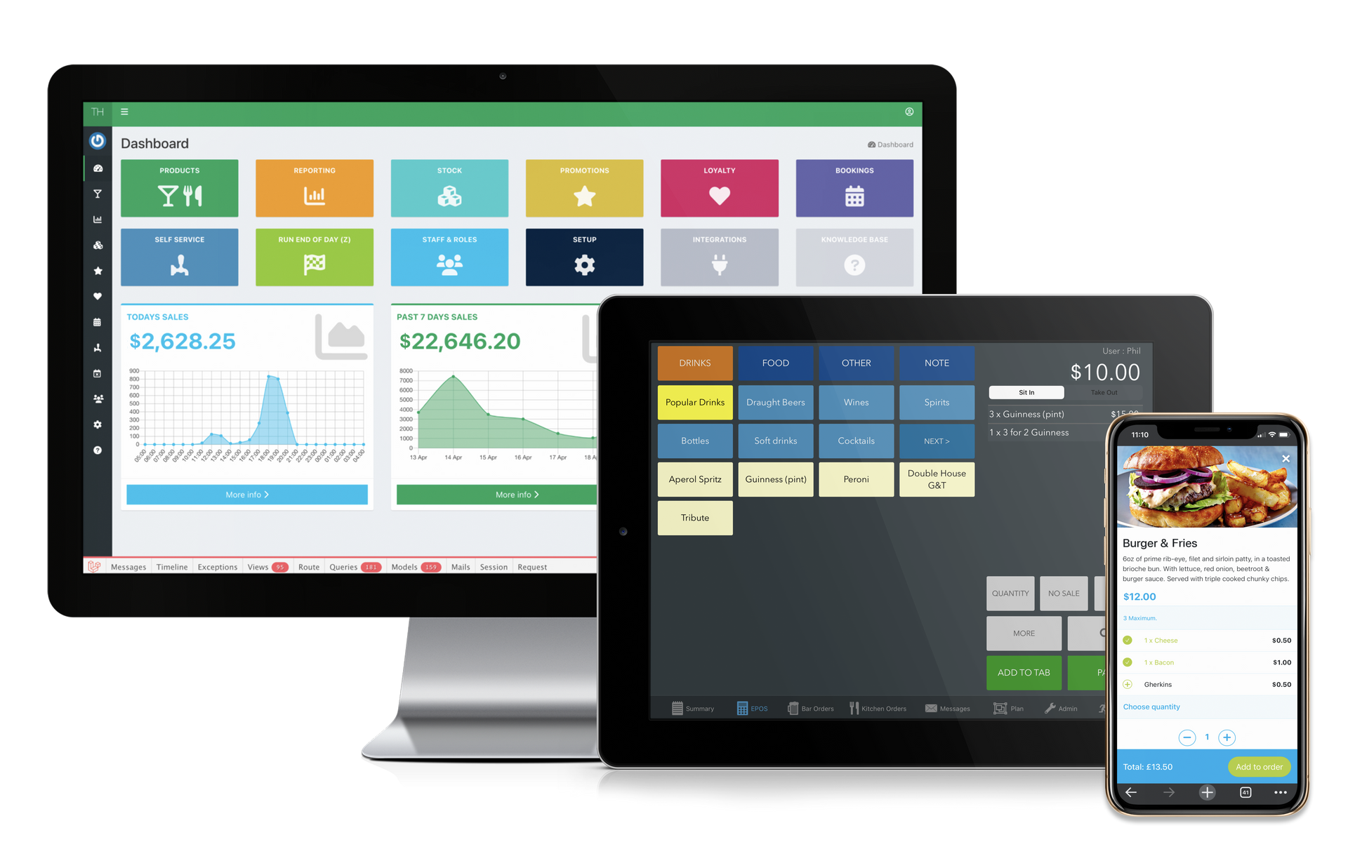 A Point of Sale (POS) system displayed on a monitor, tablet, and smartphone. The system's interface shows charts and order entry.