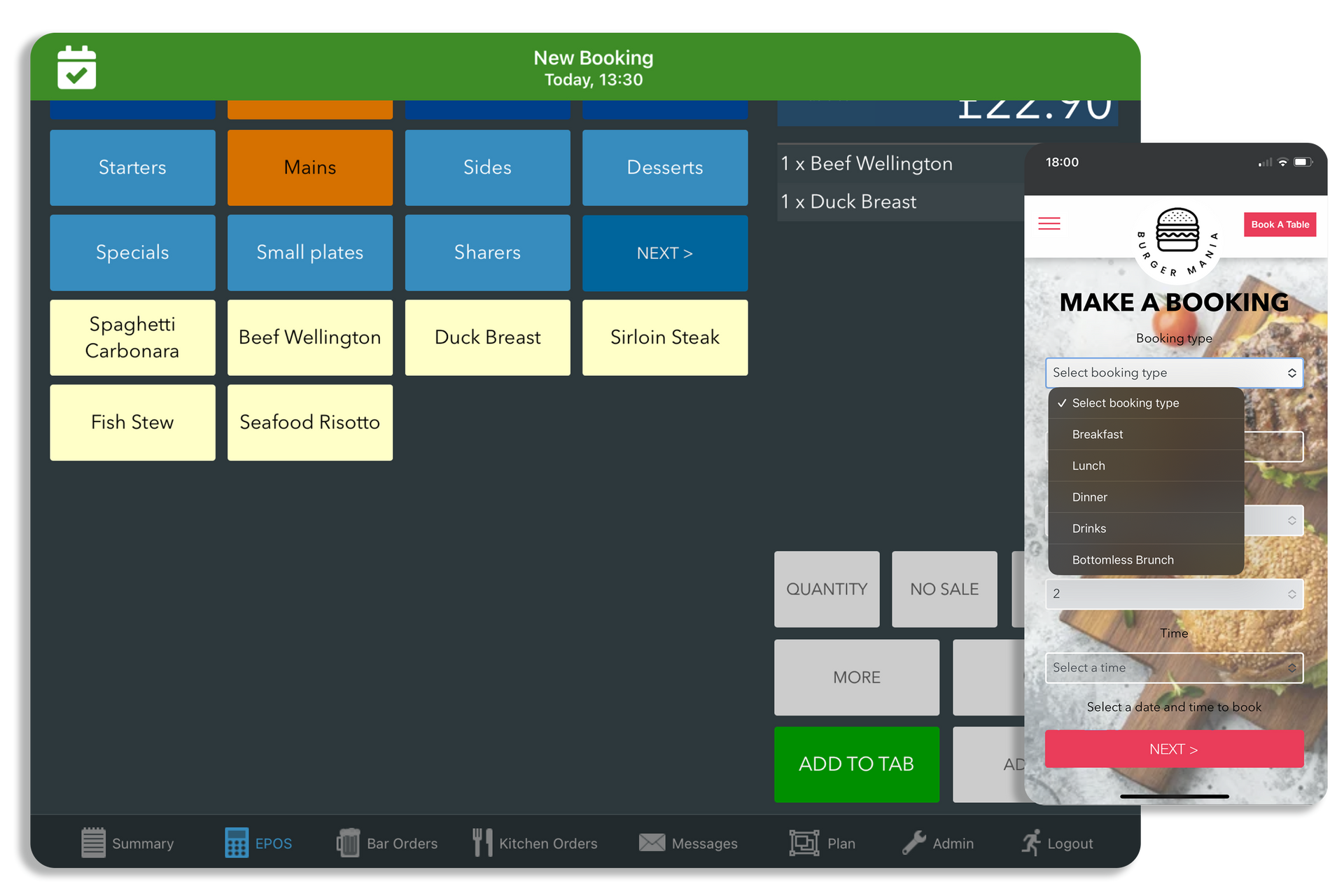 Restaurant booking form on mobile, new booking alert on EPOS