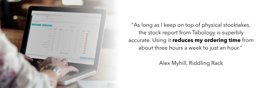 The left part of the image shows someone typing on a computer, with the screen displaying a stock report. The right part of the image shows a testimonial. It reads: 