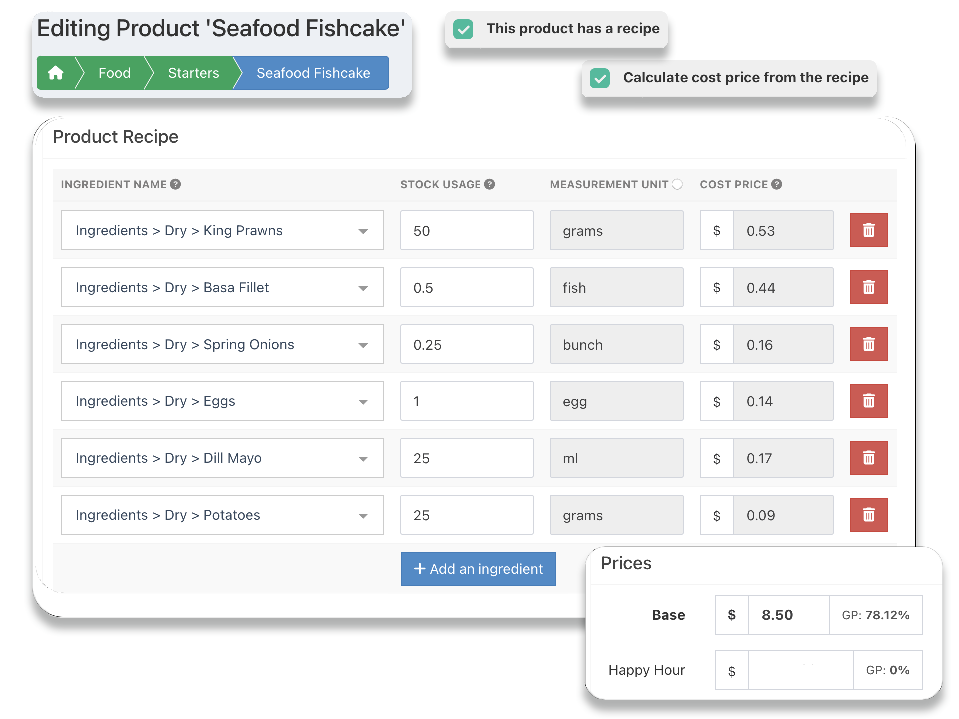 POS back office, recipe input and GP calculations
