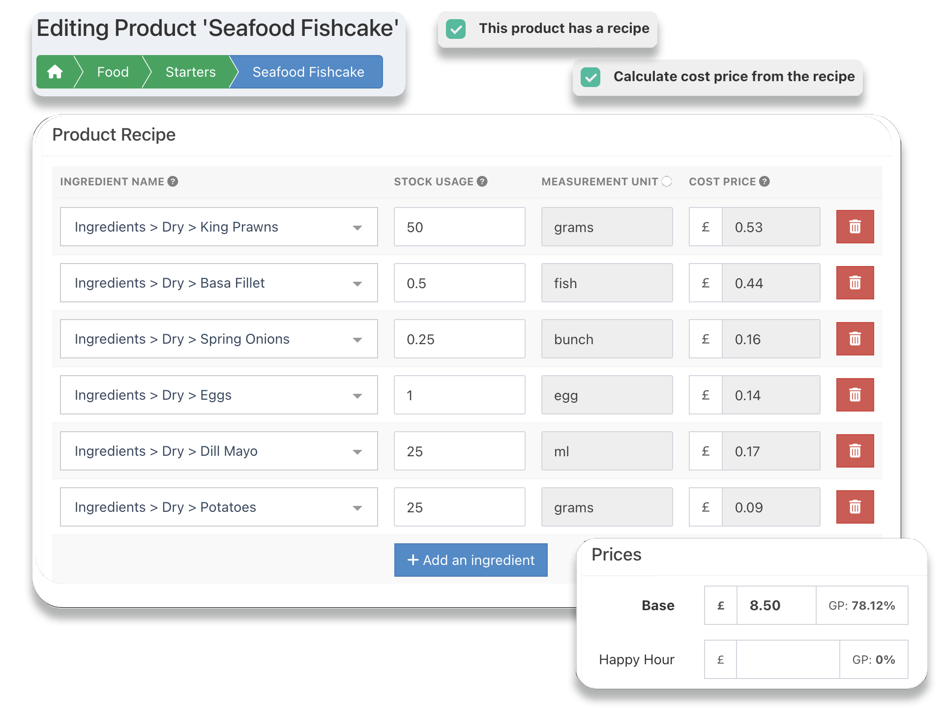 EPOS back office, recipe input and GP calculations