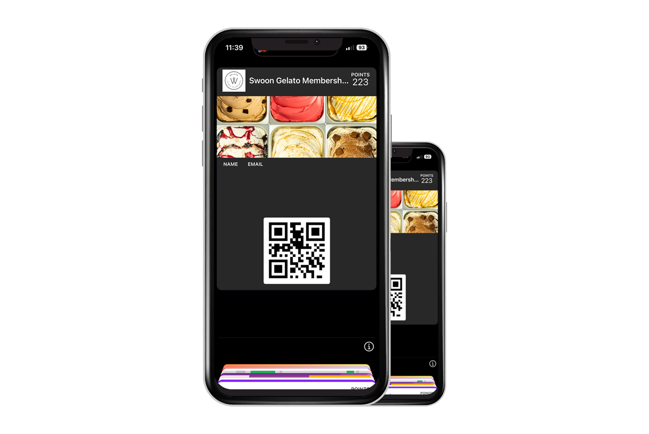 Two smartphones displayed side-by-side, each showing a QR code on a dark screen with an ice cream menu header.