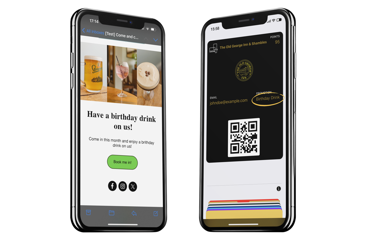 Birthday drink mailshot & digital member pass in Apple Wallet