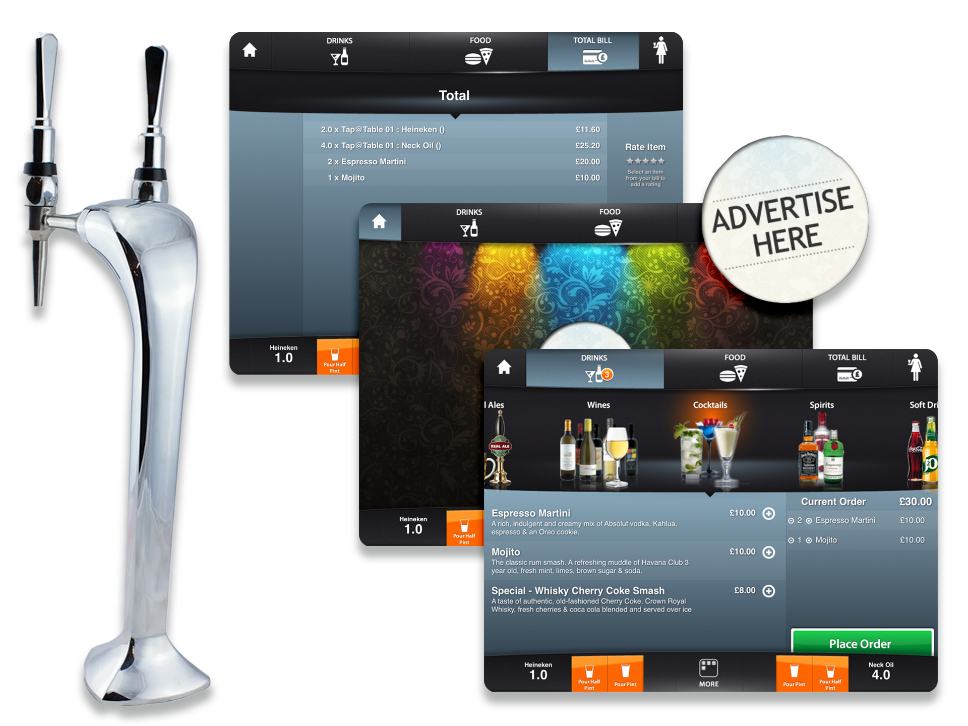 Self-serve beer tap and iPad menu screens