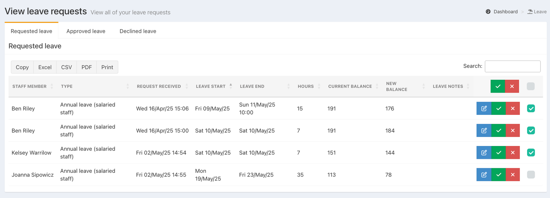 An image of the screen where you can respond to leave requests in the Tabology back office.