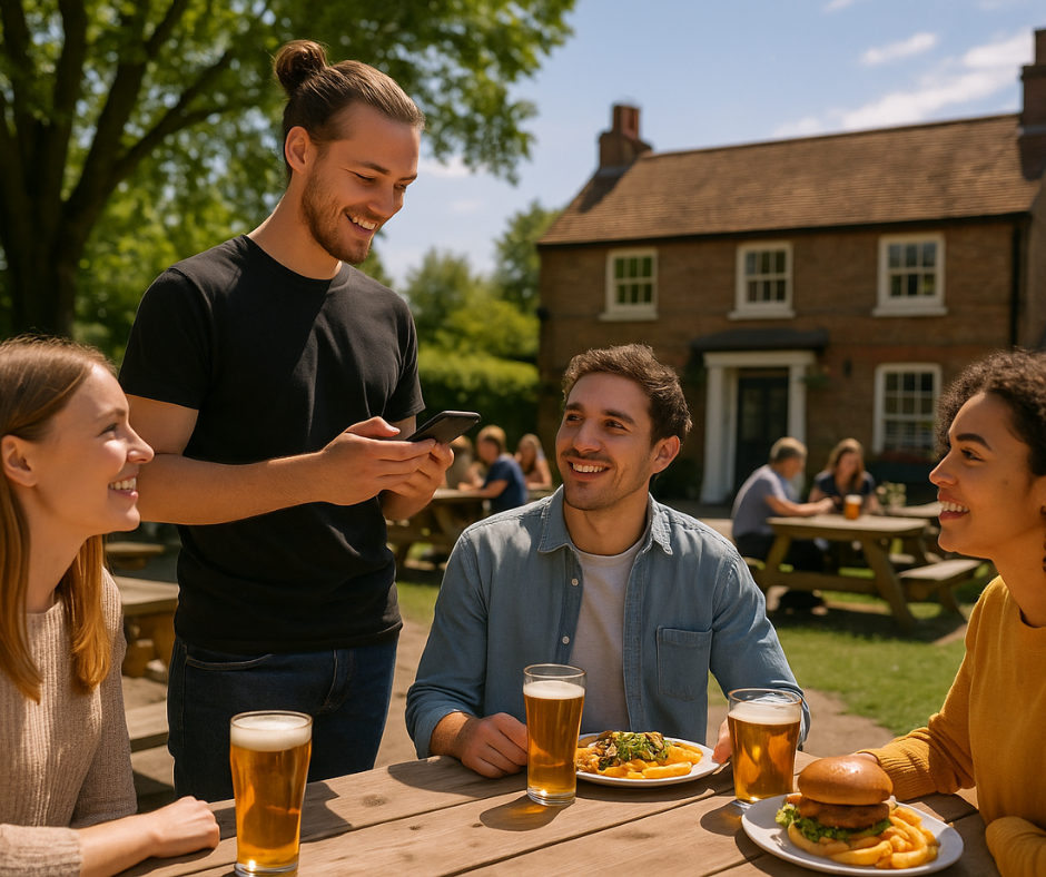 A waiter takes orders using an iphone from people sat in a beer garden