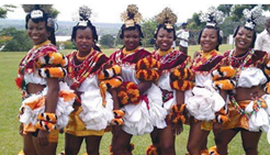 A group of women in traditional costumes are standing in a field.