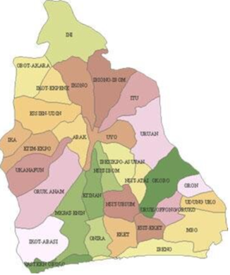 A map showing LGAs in Akwa Ibom of nigeria