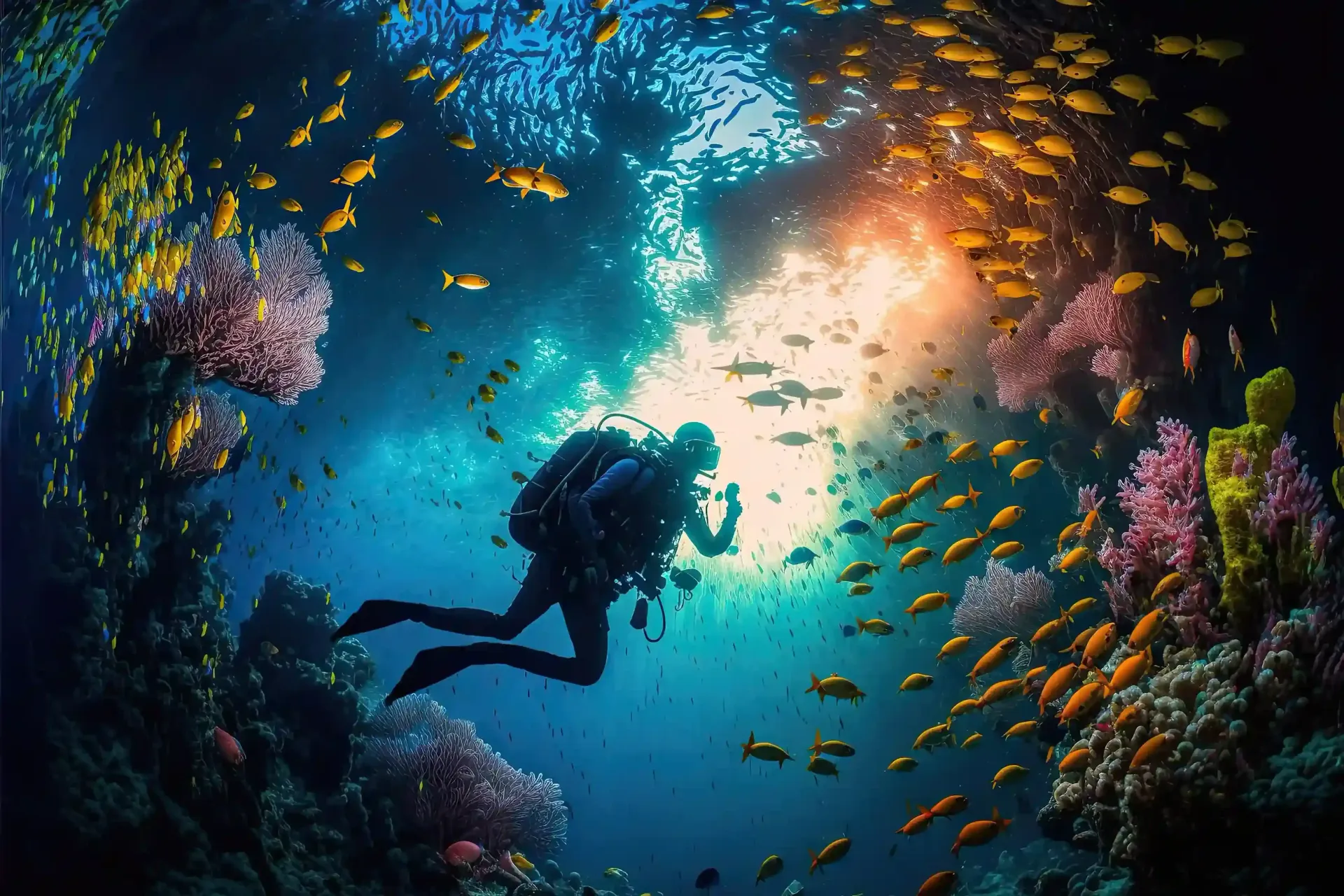 Buceo en San Andrés con peces tropicales, luz bajo el agua, arrecife de coral.