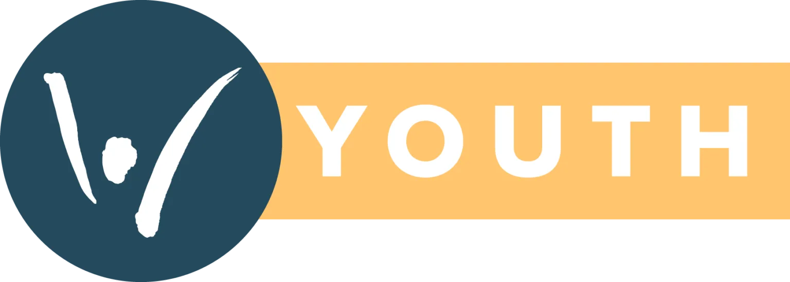 A stylized white figure with arms raised in a blue circle next to the word YOUTH in white on a yellow rectangular background.