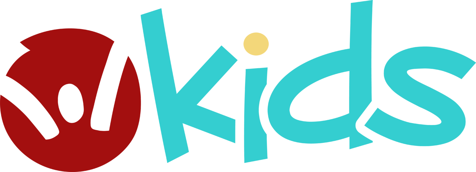 Logo with a red circle containing a stylized white figure with arms raised, next to the turquoise word 