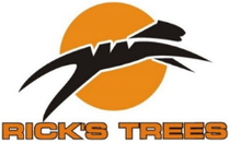 A logo for rick 's trees shows a tiger jumping in front of an orange sun