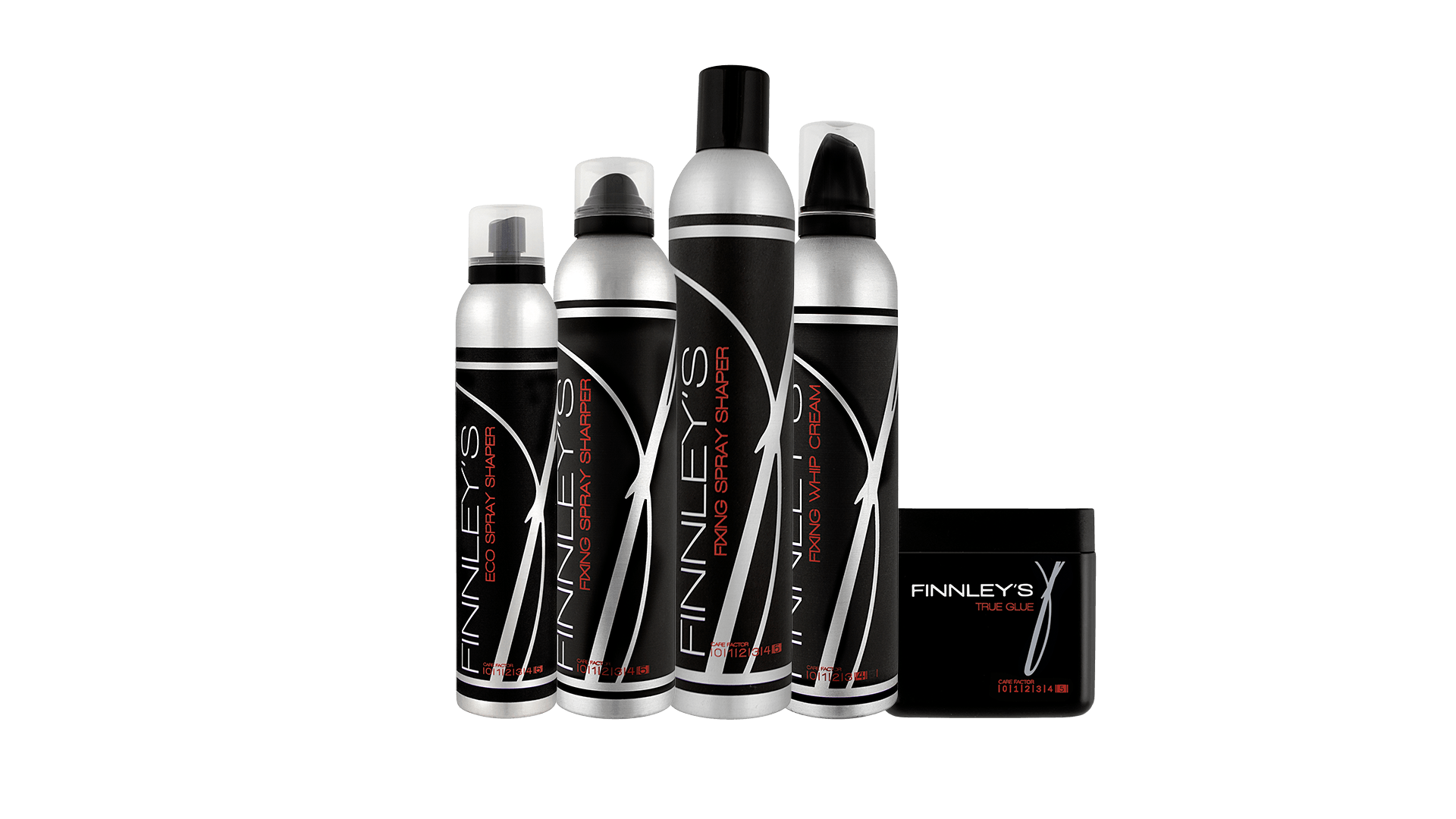 Een groep haarproducten staat op een rij op een witte achtergrond.