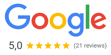 Het Google-logo met een beoordeling van 5,0, vijf gele sterren en