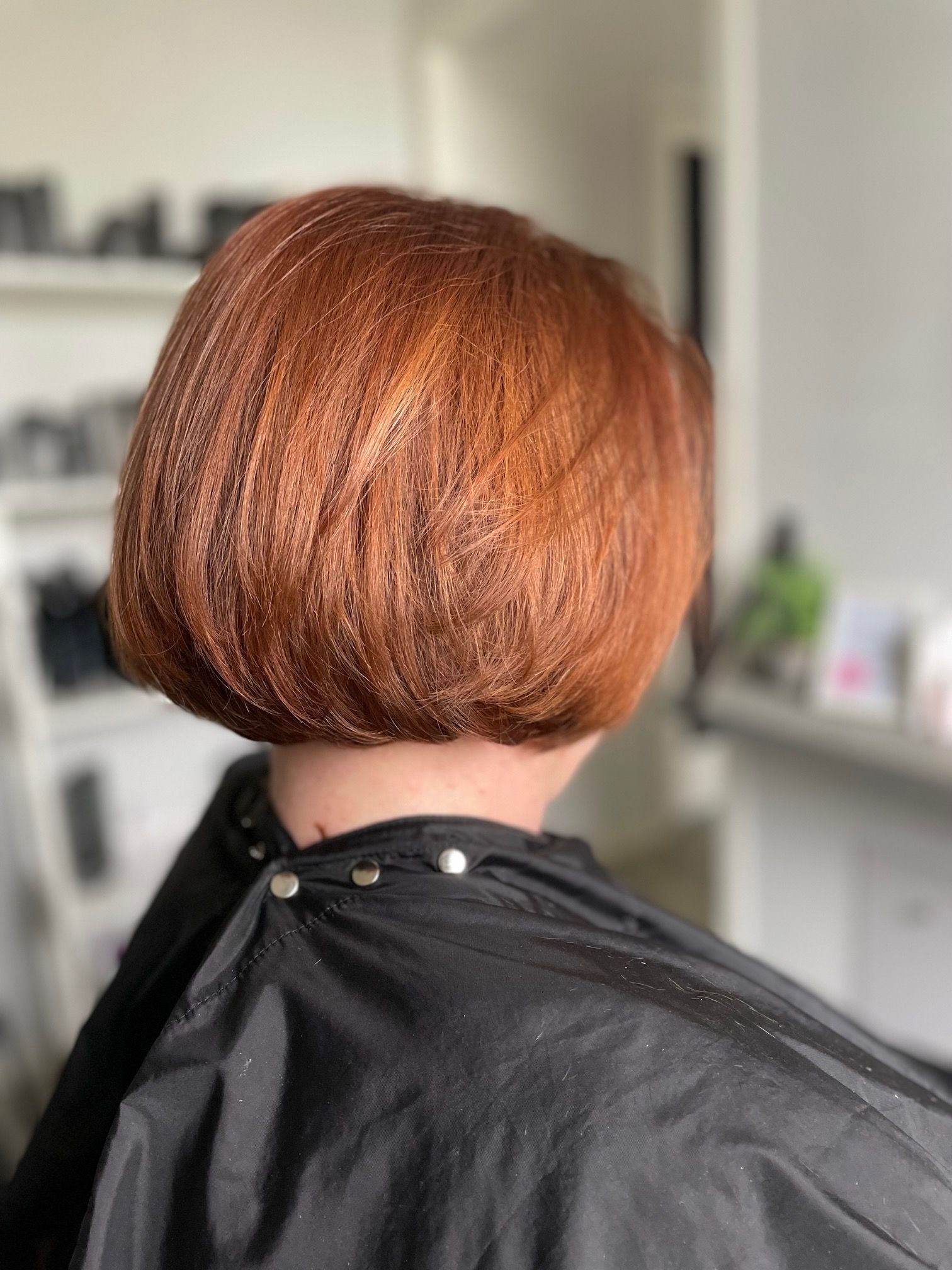 Achteraanzicht van een kort kastanjebruin bobkapsel in een kappersstoel.