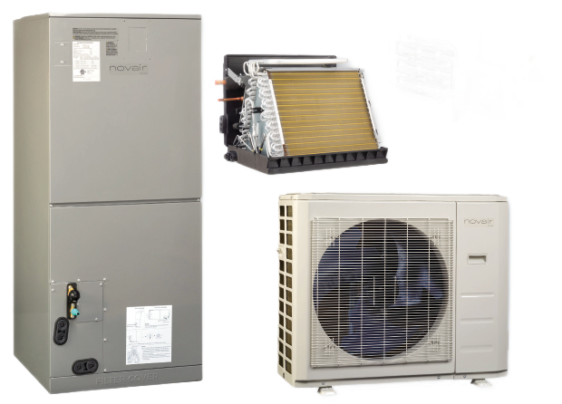 HVAC system: an indoor unit, evaporator coil, and outdoor air conditioning unit, all gray and white.