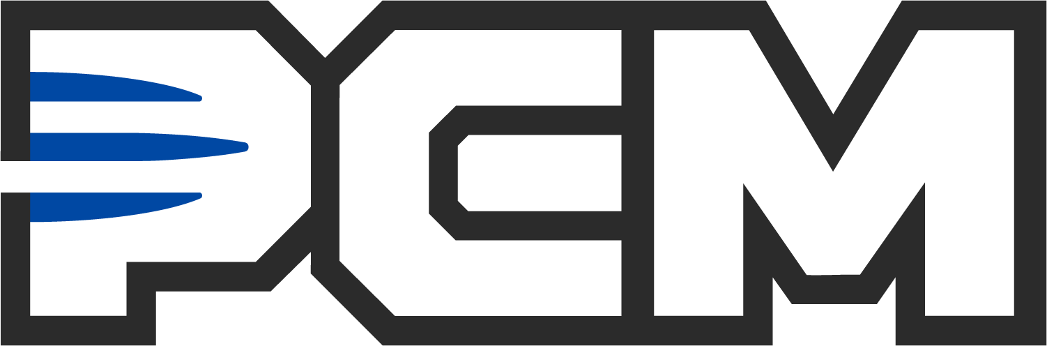 Logo of PCM, with a stylized 'P' featuring blue lines, and white letters on a gray background.