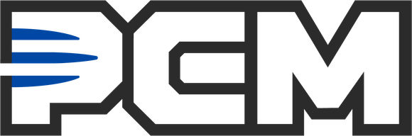 Logo of PCM, with a stylized 'P' featuring blue lines, and white letters on a gray background.