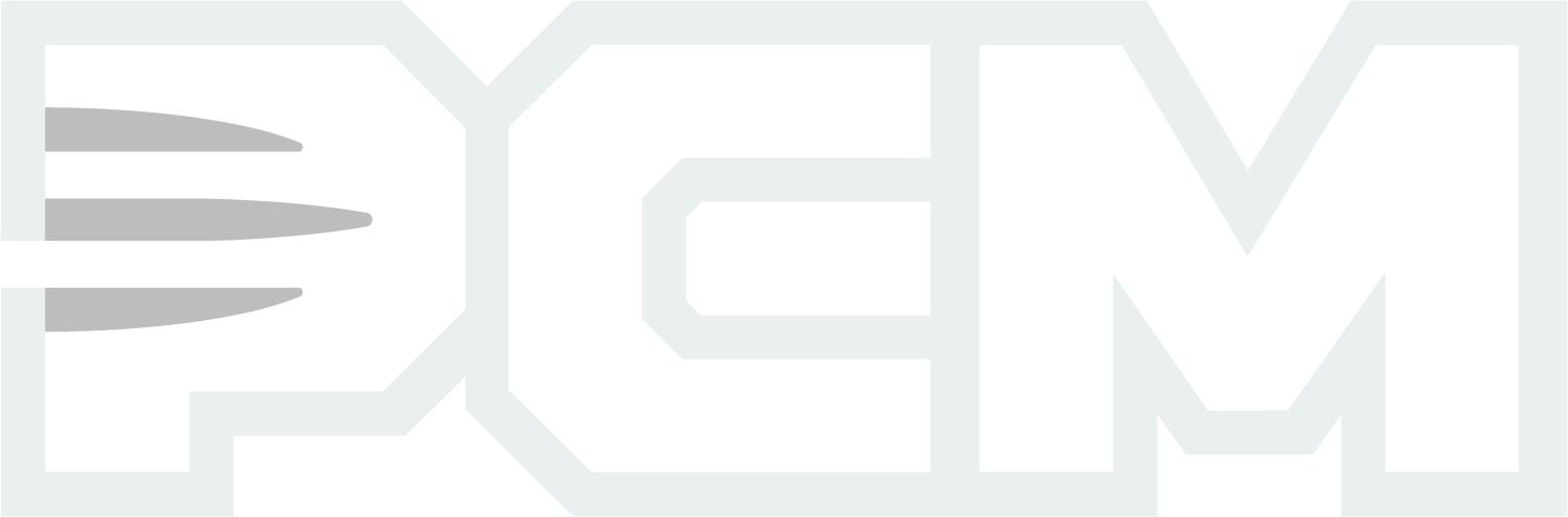 PCM logo in light gray, with a stylized 