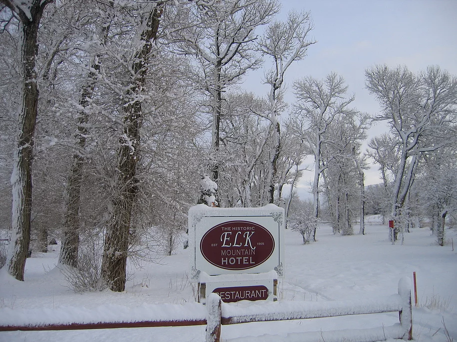 A snowy forest with a sign that says elx