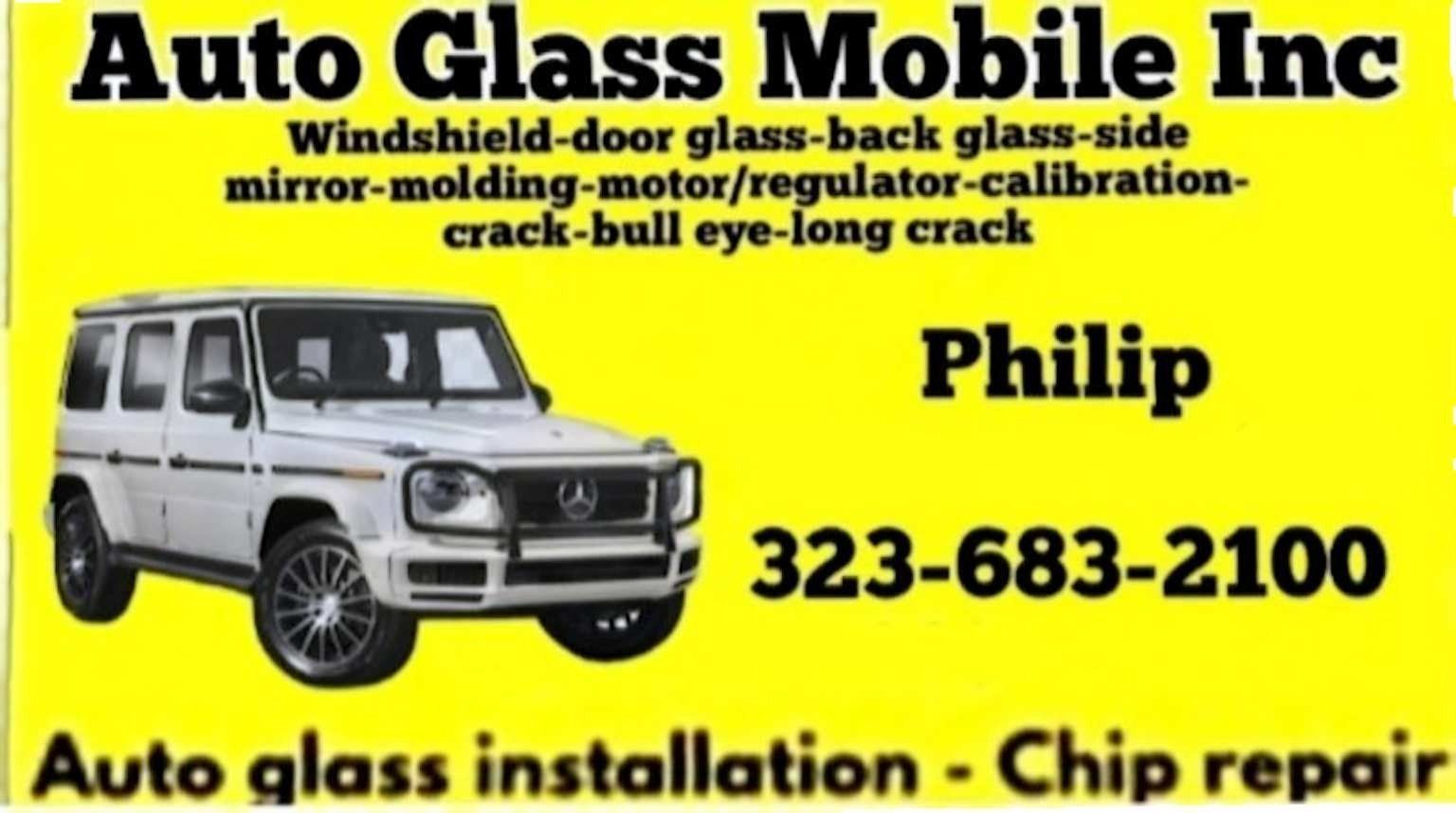 A bright yellow business card for Auto Glass Mobile Inc. with a white SUV, contact person Philip, and phone 323-683-2100.