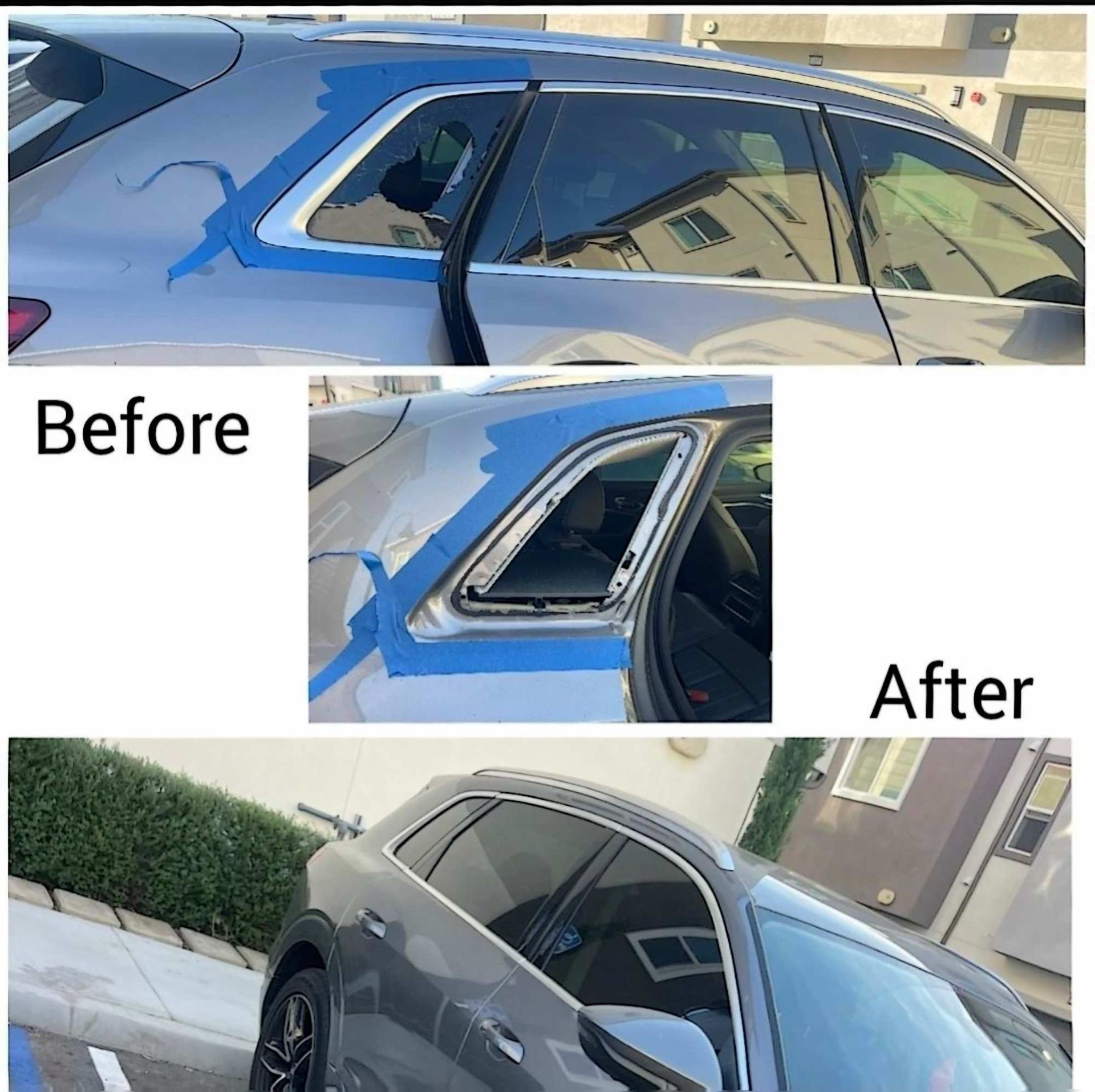 A three-part collage shows the process of replacing a car’s rear quarter window, from the broken glass to the finished fix.