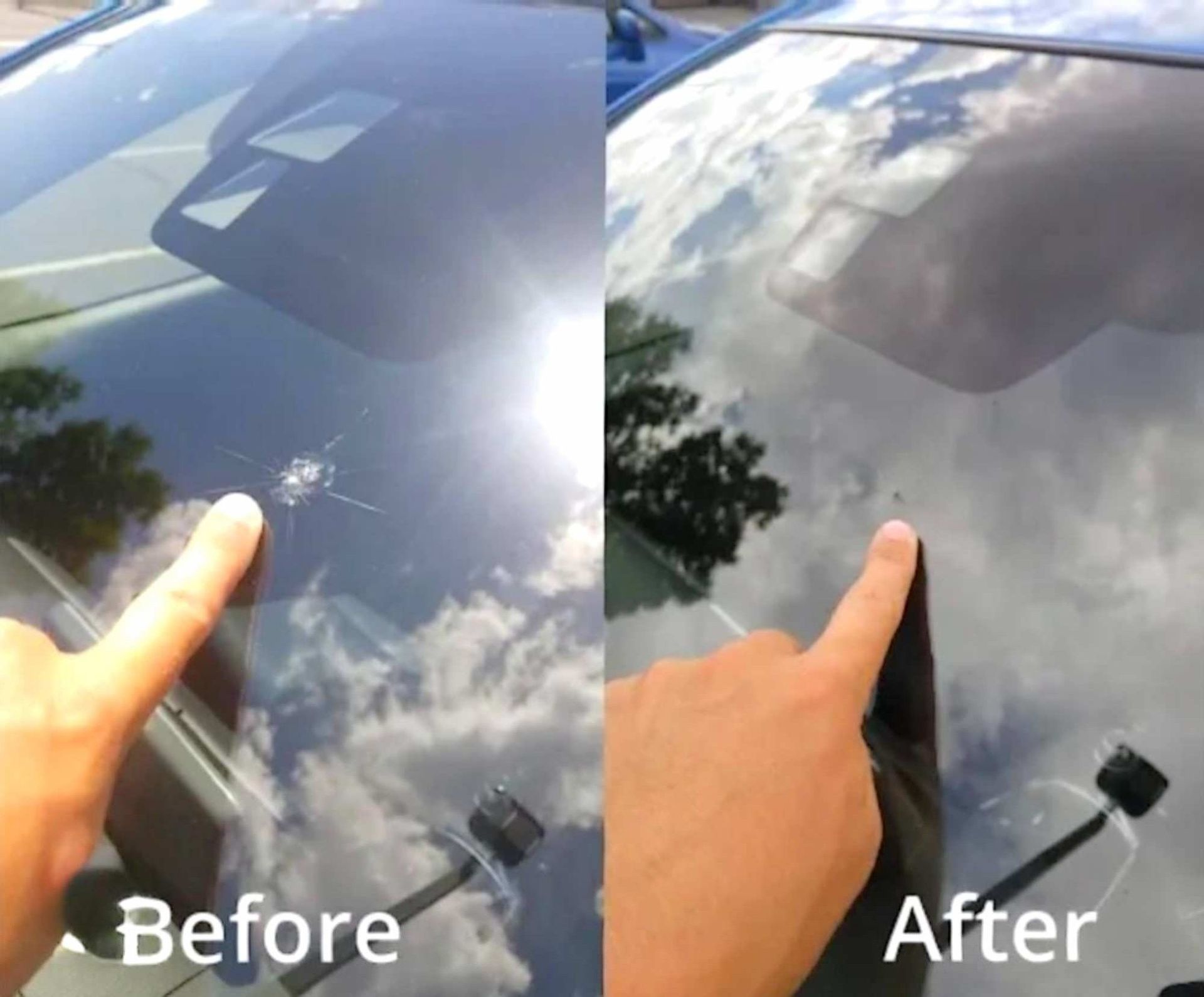 A split-screen view showing a finger pointing to a cracked car windshield before and after a glass repair.